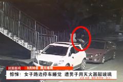 女子凌晨路邊停車睡覺！遭男子用滅火器猛砸車窗！[多圖]